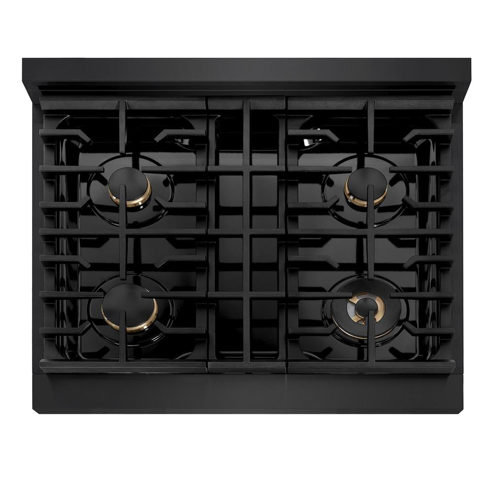 ZLINE Autograph Edition Paramount 30-inch rangetop in black stainless steel and polished gold accents SRTBZ-30-G, from above