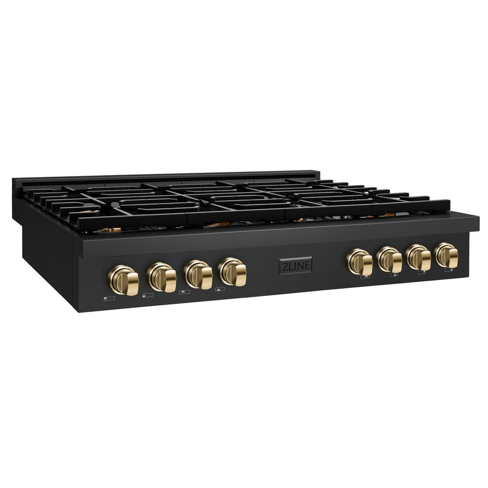 ZLINE Autograph Edition Paramount 48-inch rangetop in black stainless steel and polished gold accents SRTBZ-48-G, from above