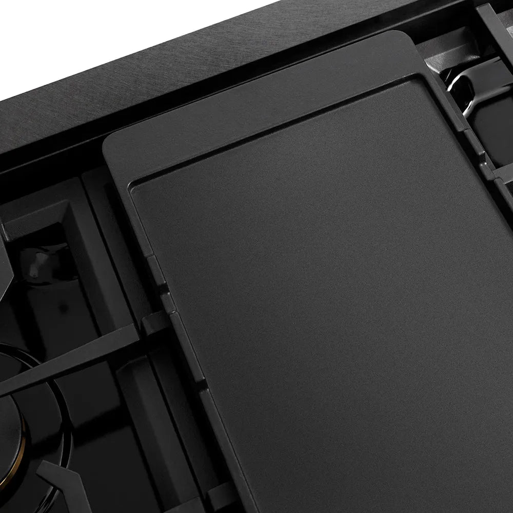 ZLINE Paramount 48-inch rangetop in black satin stainless steel and matte black and champagne bronze accents SRTBSZ-48-MBCB, from above