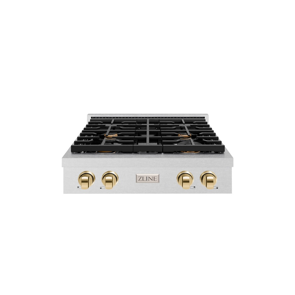 ZLINE Autograph Edition Paramount 30-inch rangetop in satin stainless steel and polished gold accents SRTSZ-30-G, front view