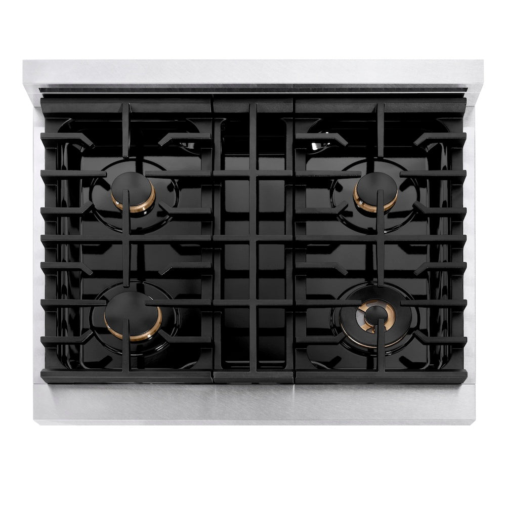 ZLINE Autograph Edition Paramount 30-inch rangetop in satin stainless steel and polished gold accents SRTSZ-30-G, from above