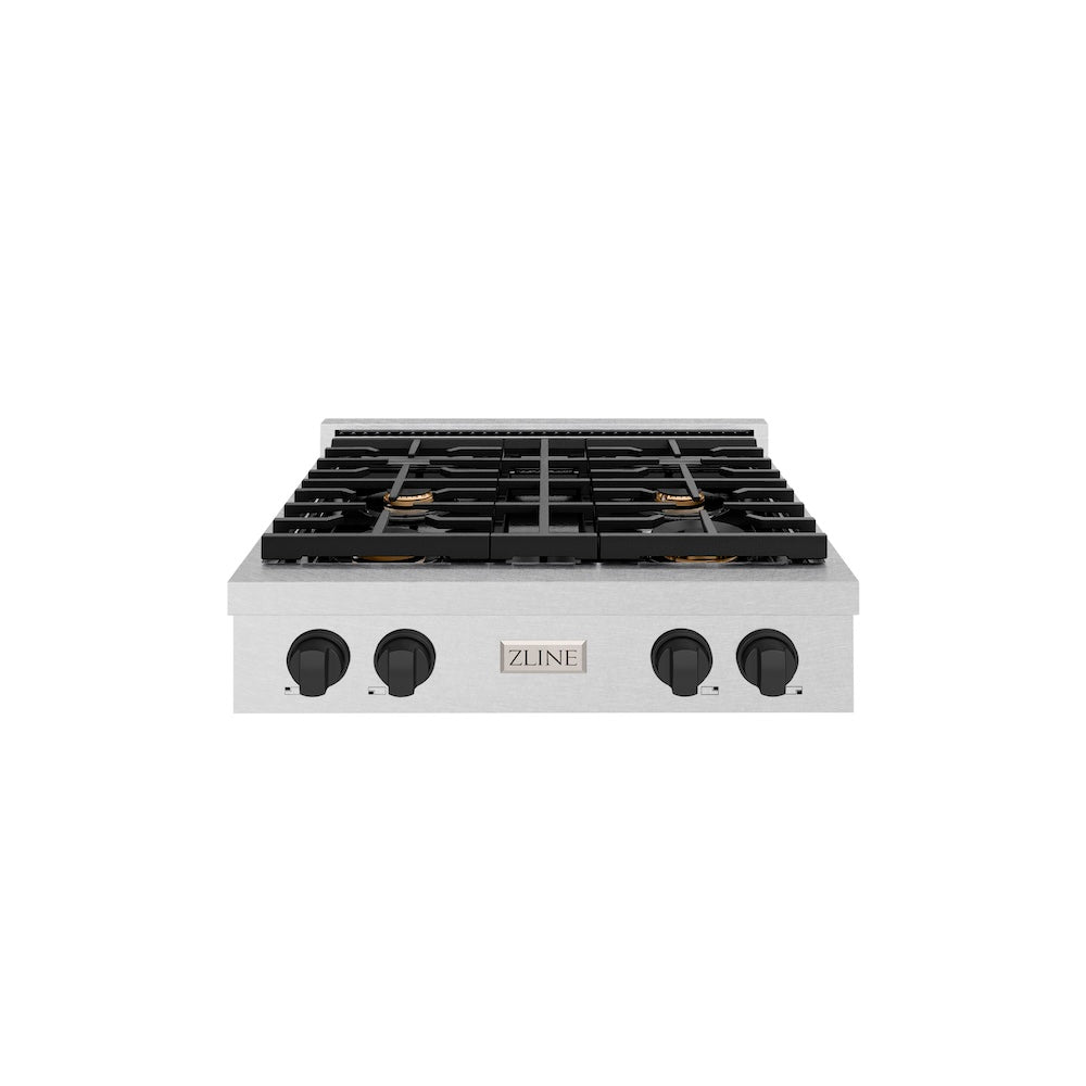 ZLINE Autograph Edition Paramount 30-inch rangetop in satin stainless steel and matte black accents SRTSZ-30-MB, front view