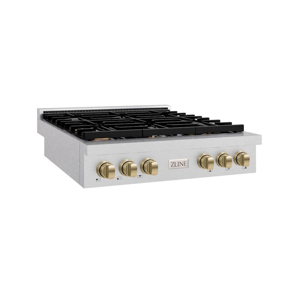 ZLINE Autograph Edition Paramount 36-inch rangetop in satin stainless steel and champagne bronze accents SRTSZ-36-CB