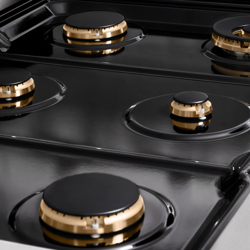 ZLINE Autograph Edition Paramount 36-inch rangetop in satin stainless steel and polished gold accents SRTSZ-36-G, from above