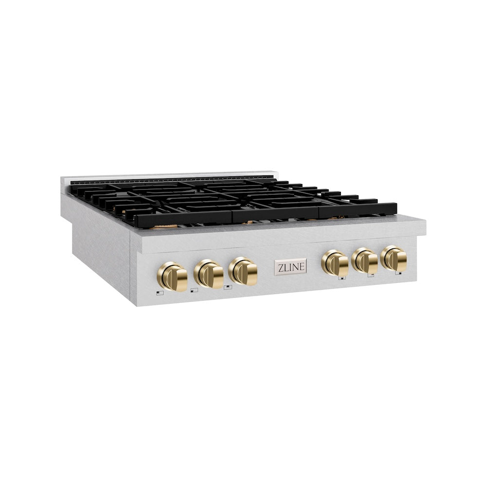 ZLINE Autograph Edition Paramount 36-inch rangetop in satin stainless steel and polished gold accents SRTSZ-36-G