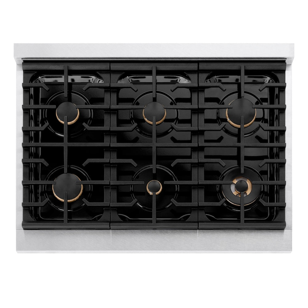 ZLINE Autograph Edition Paramount 36-inch rangetop in satin stainless steel and polished gold accents SRTSZ-36-G, from above