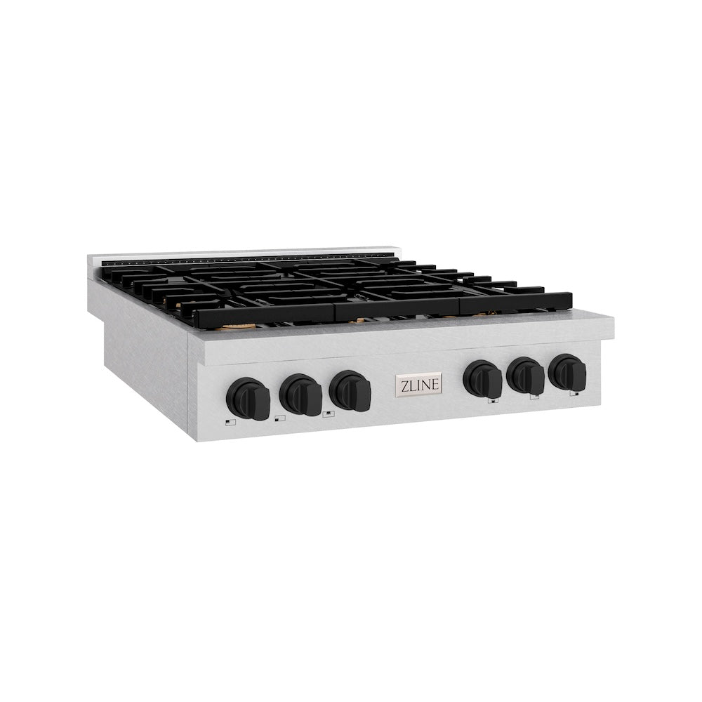 ZLINE Autograph Edition Paramount 36-inch rangetop in satin stainless steel and matte black accents SRTSZ-36-MB