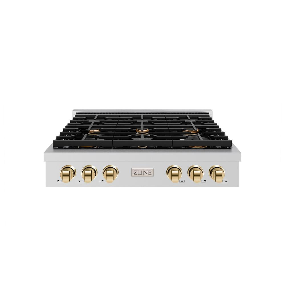 ZLINE Autograph Edition Paramount 36-inch rangetop in stainless steel and polished gold accents SRTZ-36-G, front view