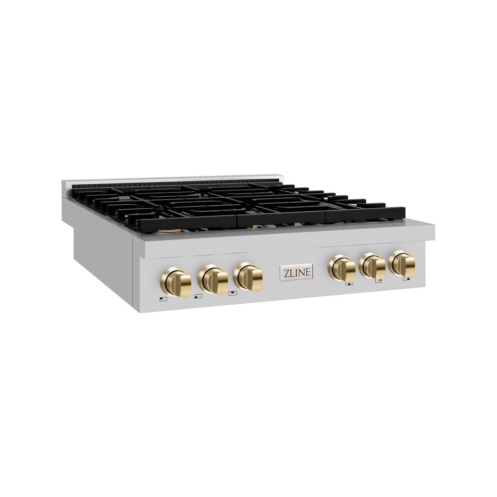 ZLINE Autograph Edition Paramount 36-inch rangetop in stainless steel and polished gold accents SRTZ-36-G