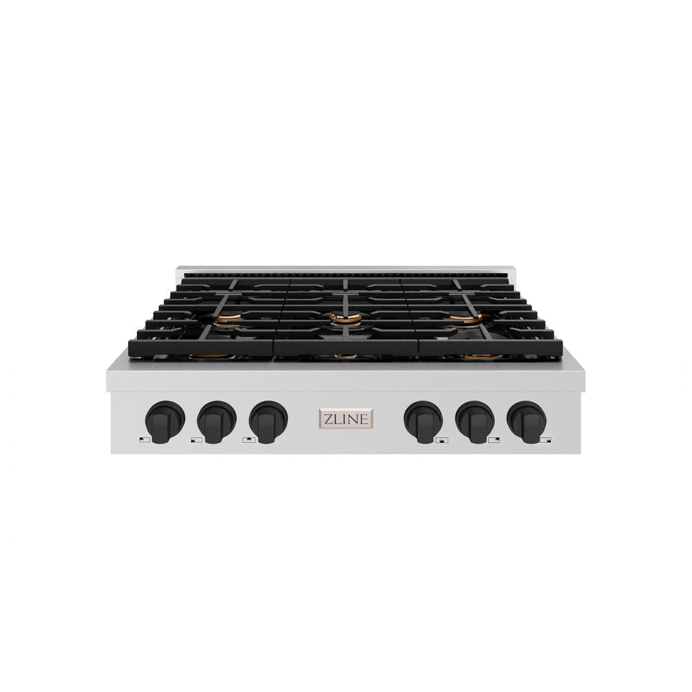 ZLINE Autograph Edition Paramount 36-inch rangetop in stainless steel and matte black accents SRTZ-36-MB, front view