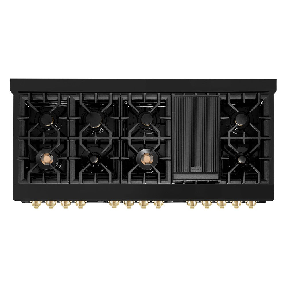 ZLINE Autograph Edition Legacy 60-inch range in black stainless steel and polished gold accents RABZ-60-G, from above