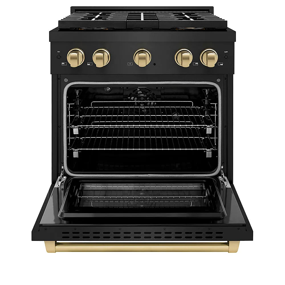 ZLINE Autograph Edition Paramount 30-inch range in black stainless steel and champagne bronze accents PSDRBZ-30-CB, front view
