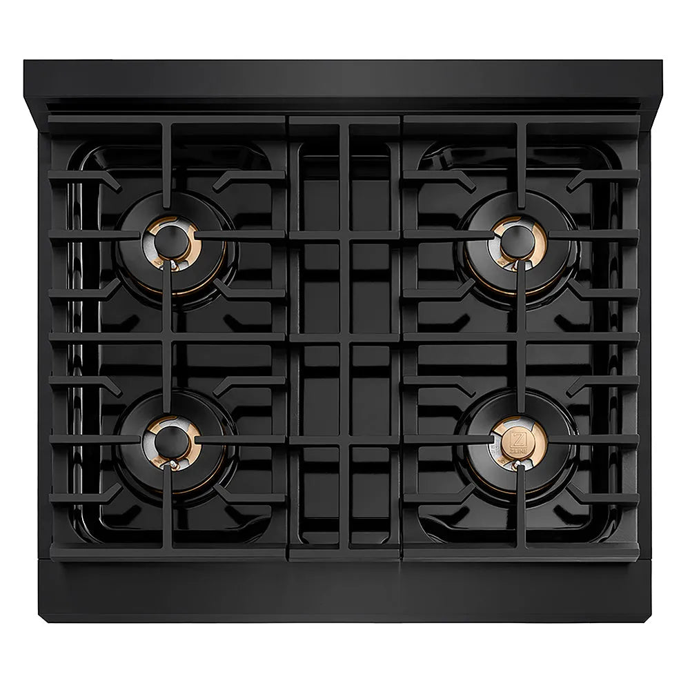 ZLINE Autograph Edition Paramount 30-inch range in black stainless steel and polished gold accents PSDRBZ-30-G, from above