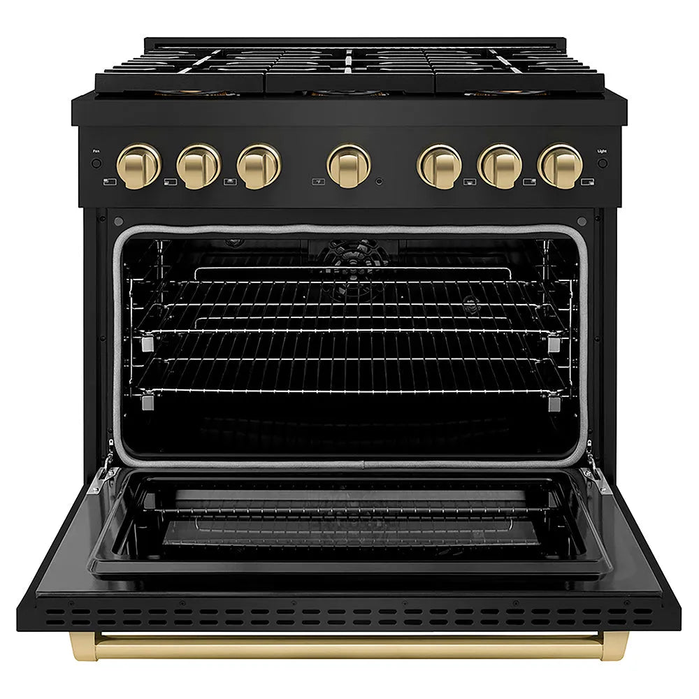 ZLINE Autograph Edition Paramount 36-inch range in black stainless steel and champagne bronze accents PSDRBZ-36-CB, front view