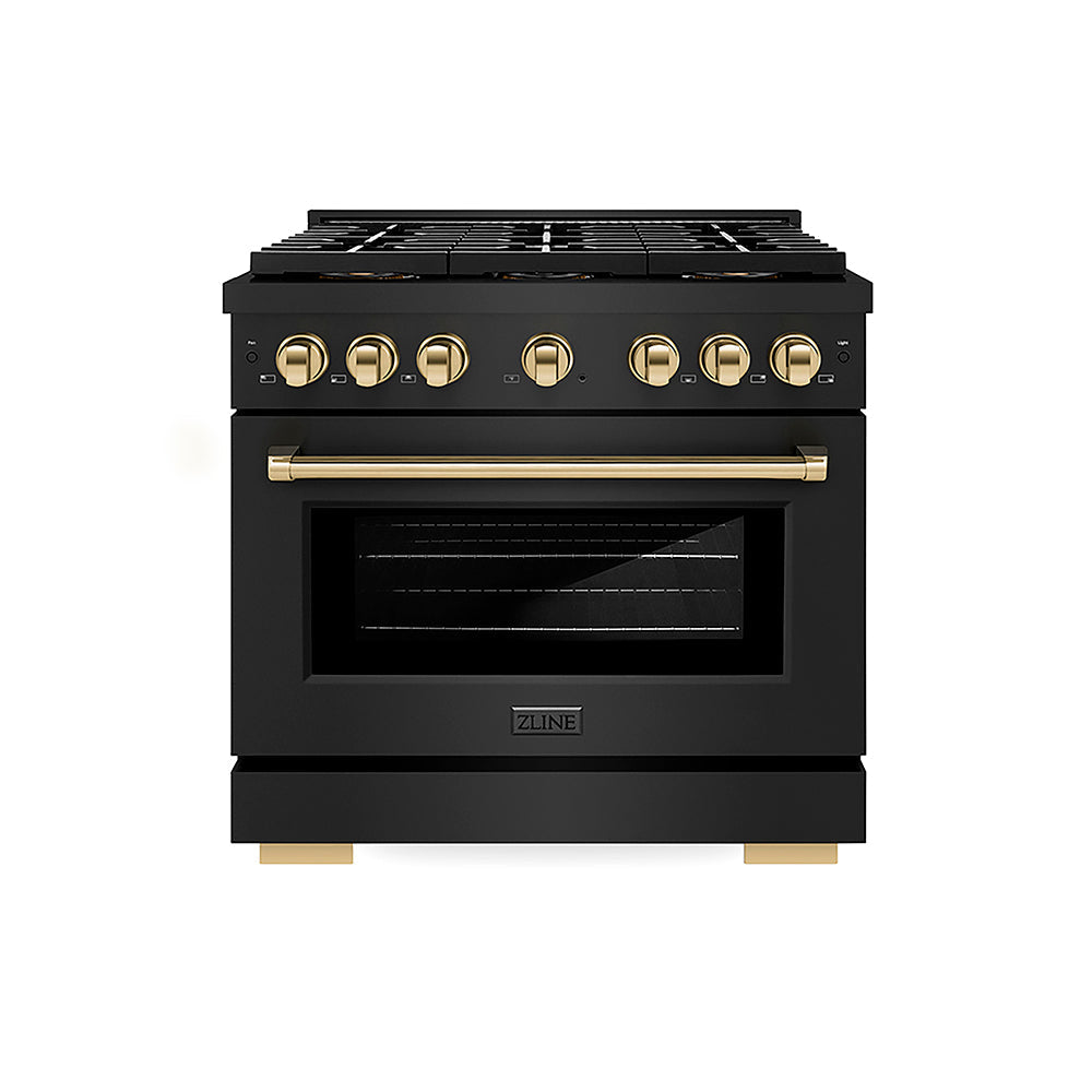 ZLINE Autograph Edition Paramount 36-inch range in black stainless steel and polished gold accents PSDRBZ-36-G, front view