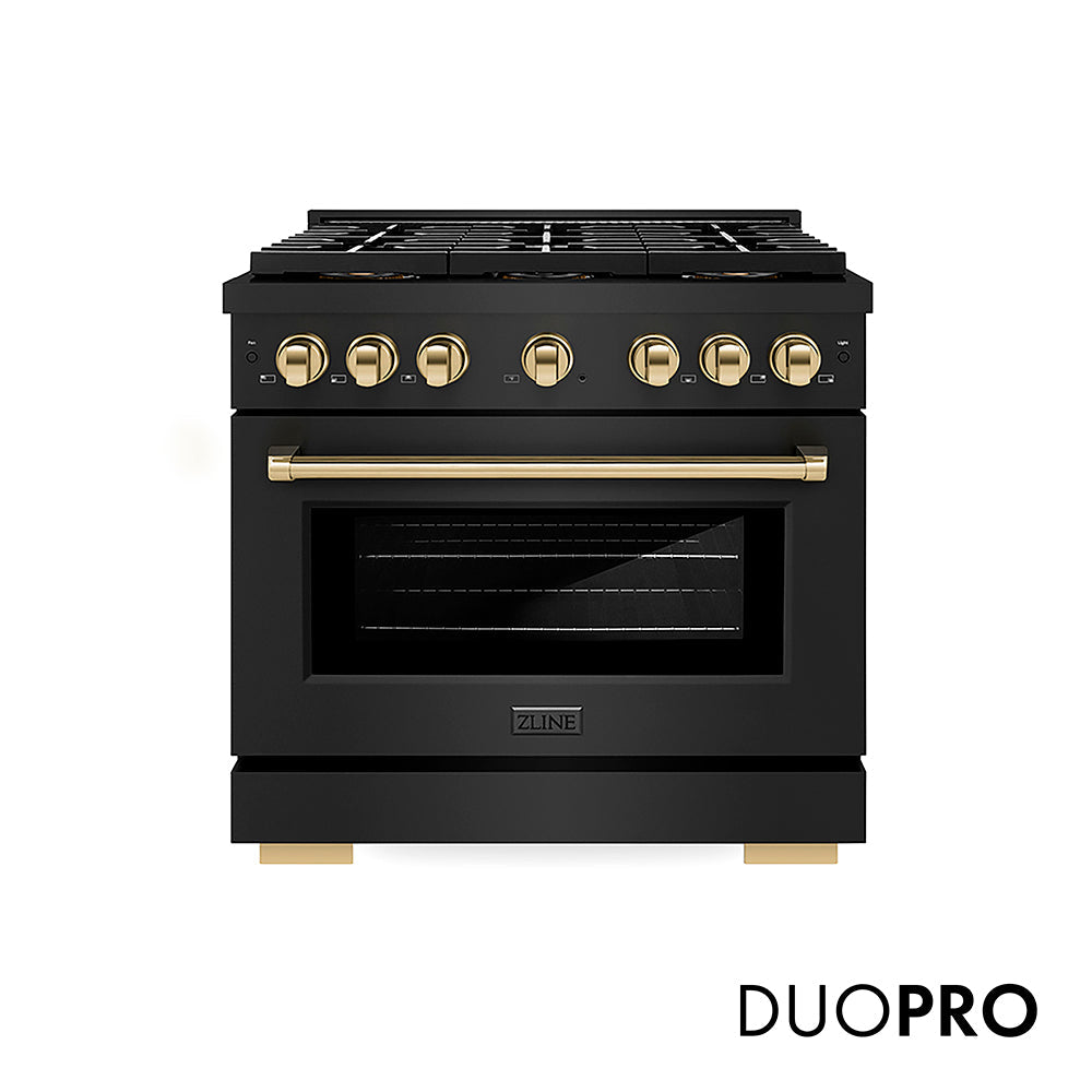 ZLINE Autograph Edition Paramount 36-inch range in black stainless steel and polished gold accents PSDRBZ-36-G