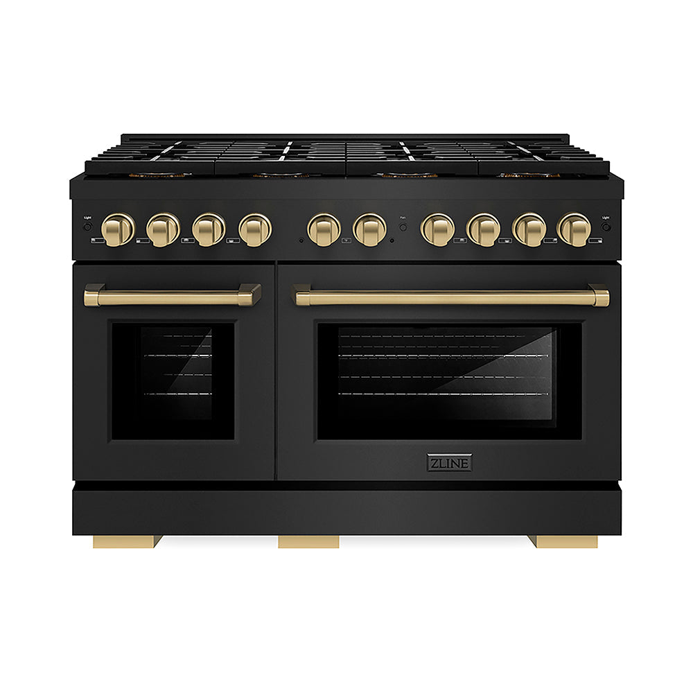 ZLINE Autograph Edition Paramount 48-inch range in black stainless steel and champagne bronze accents PSDRBZ-48-CB, front view