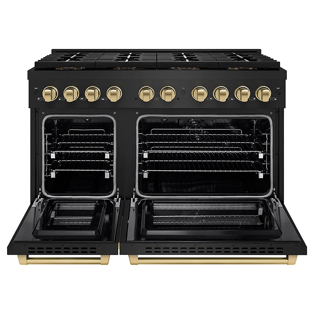 ZLINE Autograph Edition Paramount 48-inch range in black stainless steel and champagne bronze accents PSDRBZ-48-CB, front view