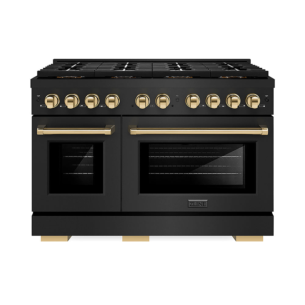 ZLINE Autograph Edition Paramount 48-inch range in black stainless steel and polished gold accents PSDRBZ-48-G, front view