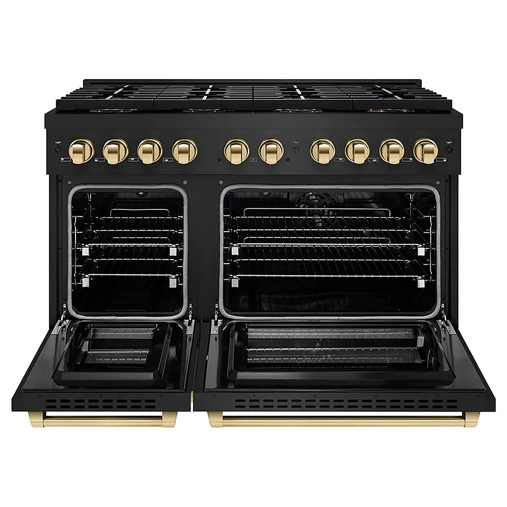 ZLINE Autograph Edition Paramount 48-inch range in black stainless steel and polished gold accents PSDRBZ-48-G, front view