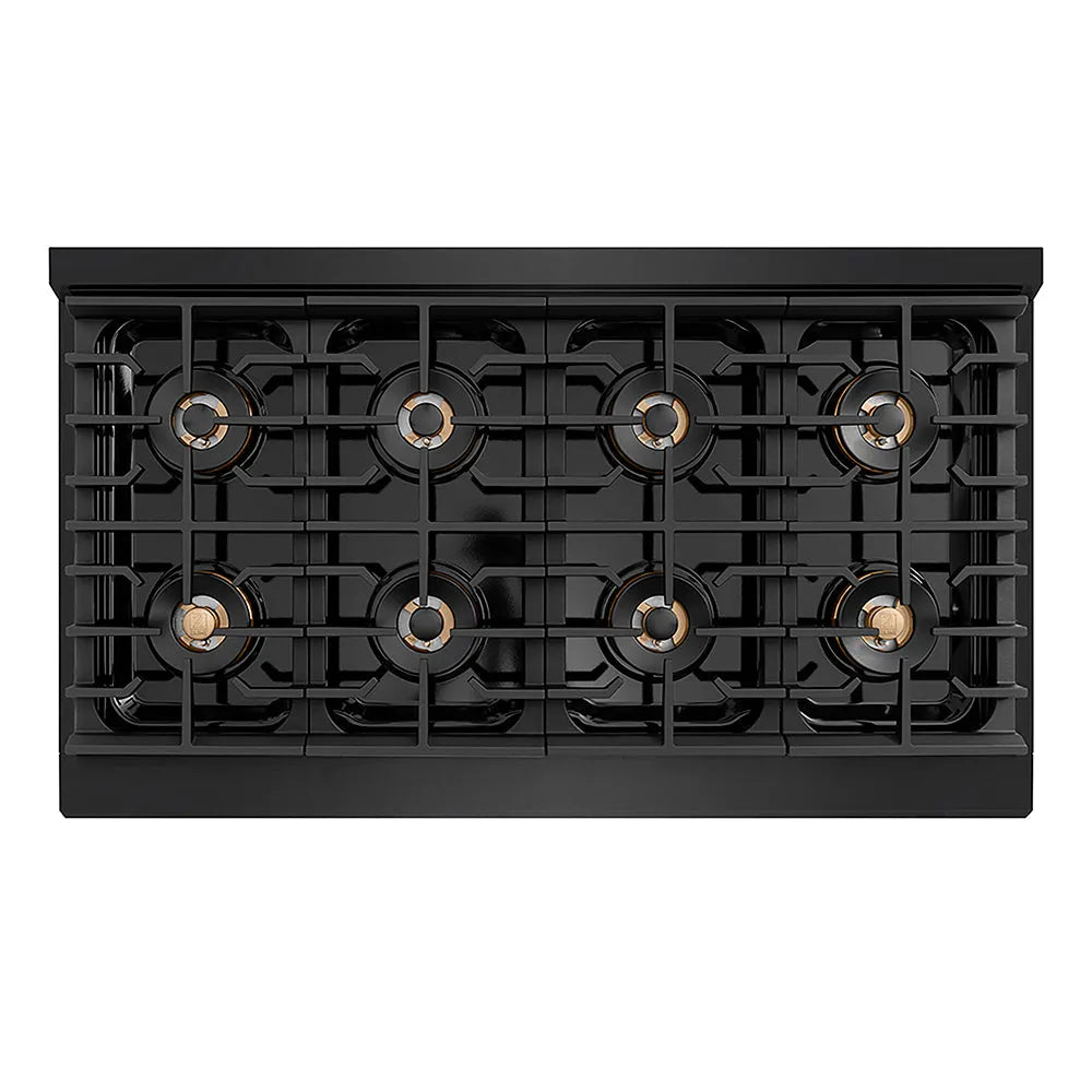 ZLINE Autograph Edition Paramount 48-inch range in black stainless steel and polished gold accents PSDRBZ-48-G, from above
