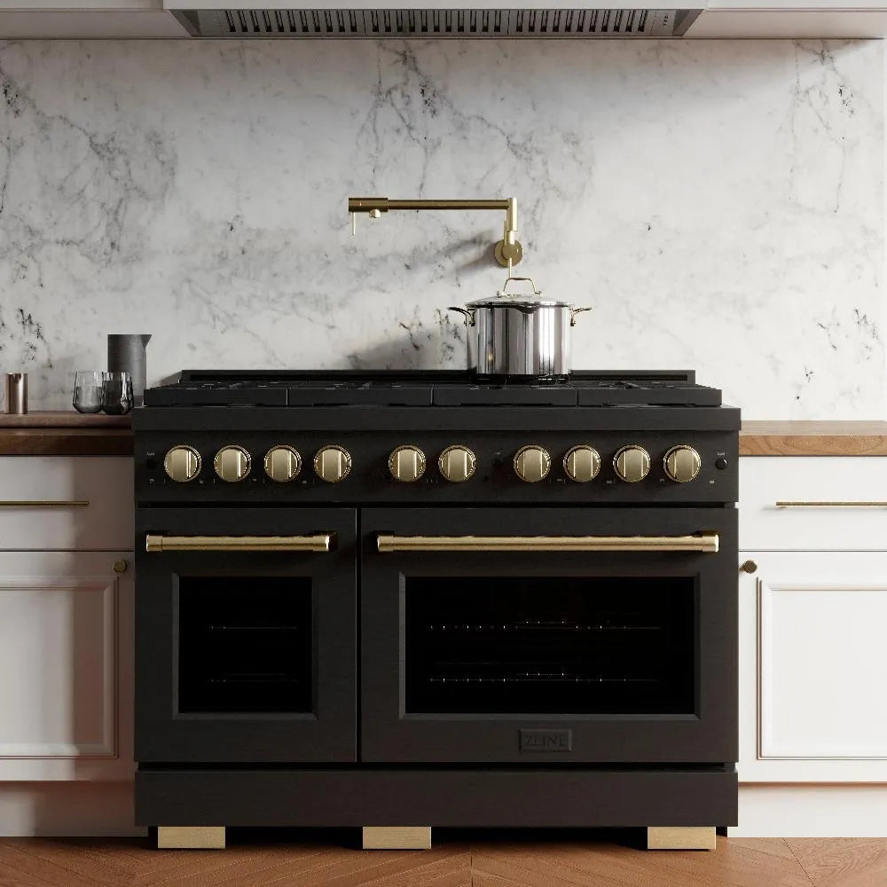 ZLINE Autograph Edition Paramount 48-inch range in black stainless steel and champagne bronze accents SDRBZ-48-CB, front view