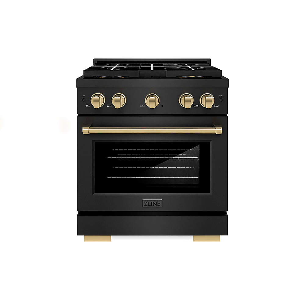 ZLINE Autograph Edition Paramount 30-inch range in black stainless steel and champagne bronze accents PSGRBZ-30-CB, front view