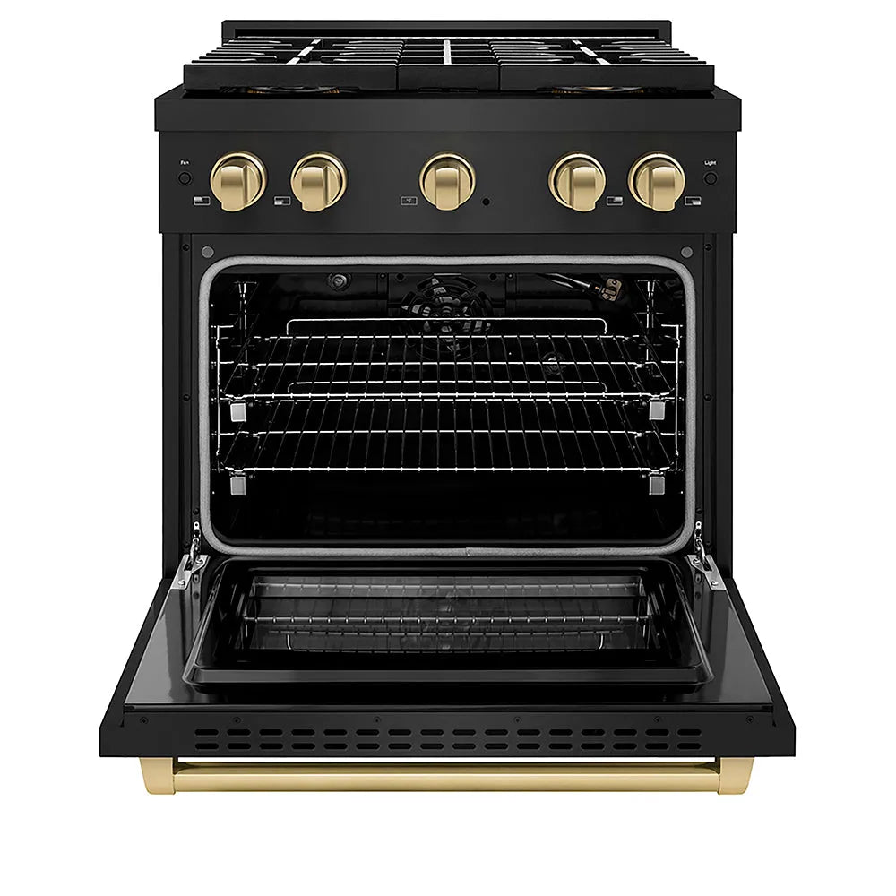 ZLINE Autograph Edition Paramount 30-inch range in black stainless steel and champagne bronze accents PSGRBZ-30-CB, front view