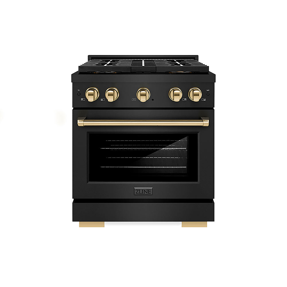 ZLINE Autograph Edition Paramount 30-inch range in black stainless steel and polished gold accents PSGRBZ-30-G, front view