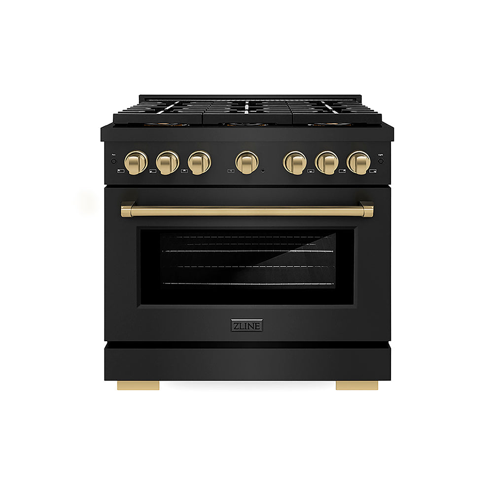 ZLINE Autograph Edition Paramount 36-inch range in black stainless steel and champagne bronze accents PSGRBZ-36-CB, front view