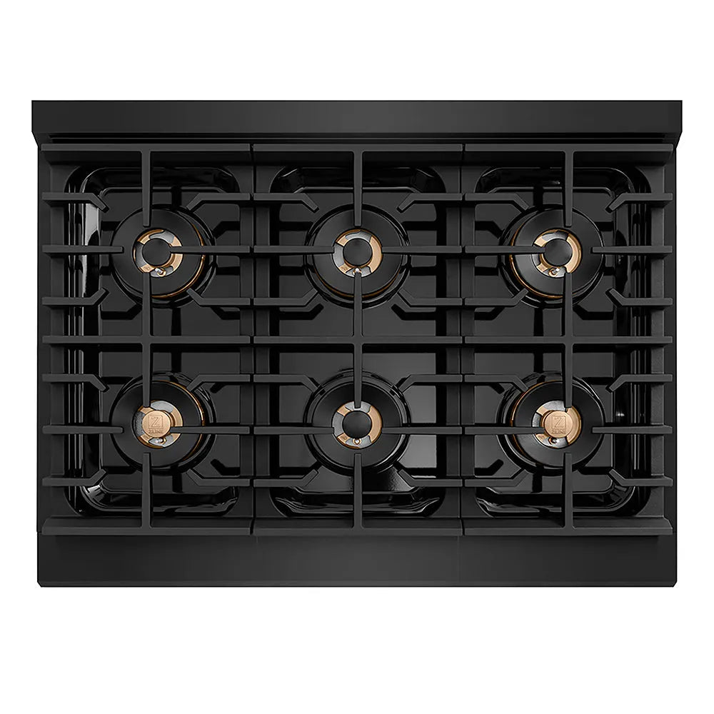 ZLINE Autograph Edition Paramount 36-inch range in black stainless steel and champagne bronze accents PSGRBZ-36-CB, from above