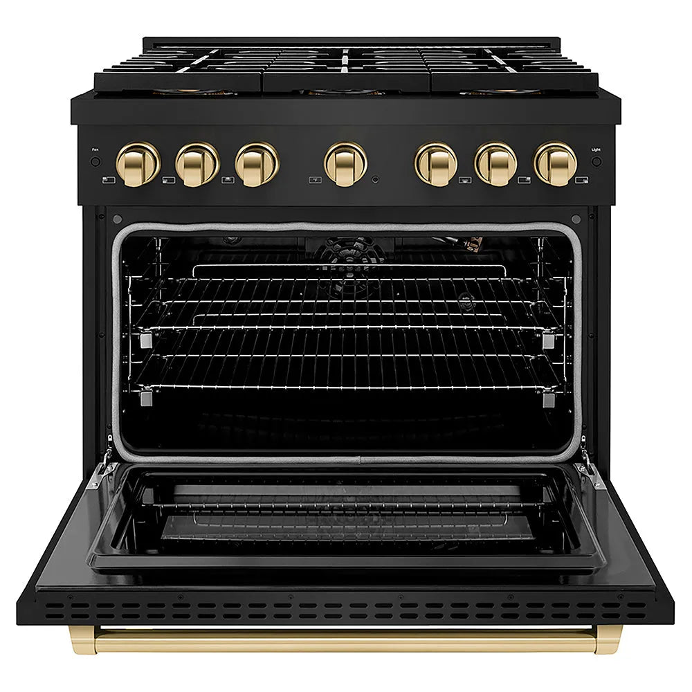 ZLINE Autograph Edition Paramount 36-inch range in black stainless steel and polished gold accents PSGRBZ-36-G, front view