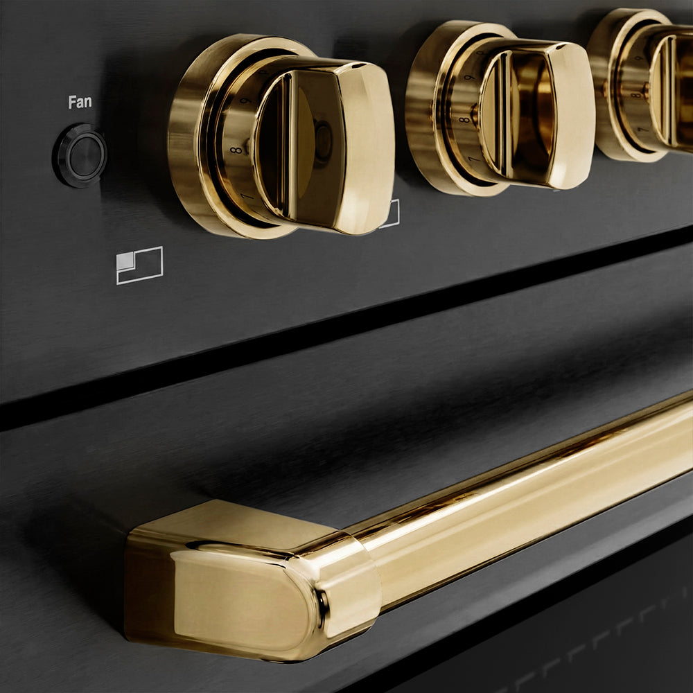 ZLINE Autograph Edition Paramount 24-inch range in black stainless steel and polished gold accents SINRBZ-24-G, detail