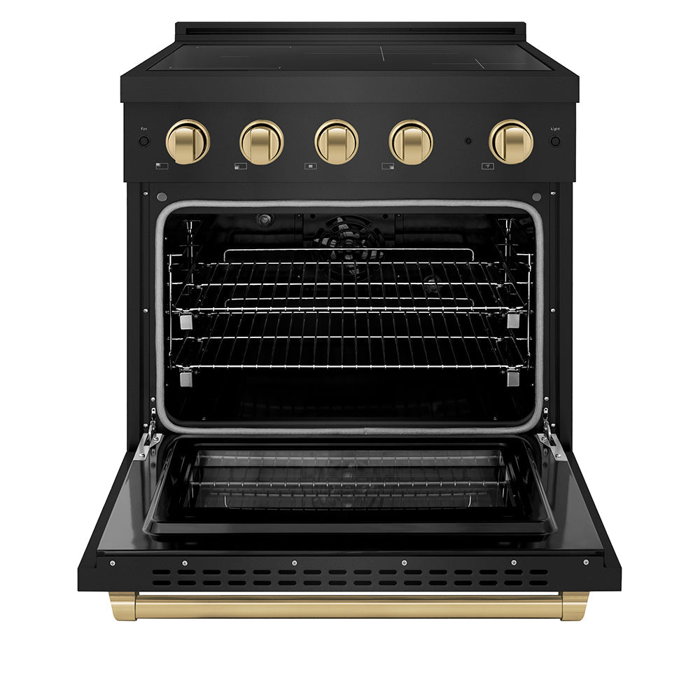 ZLINE Autograph Edition Paramount 30-inch range in black stainless steel and champagne bronze accents SINRBZ-30-CB, front view