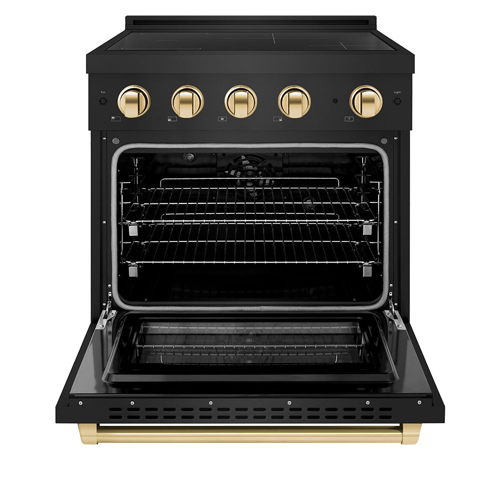 ZLINE Autograph Edition Paramount 30-inch range in black stainless steel and polished gold accents SINRBZ-30-G, front view