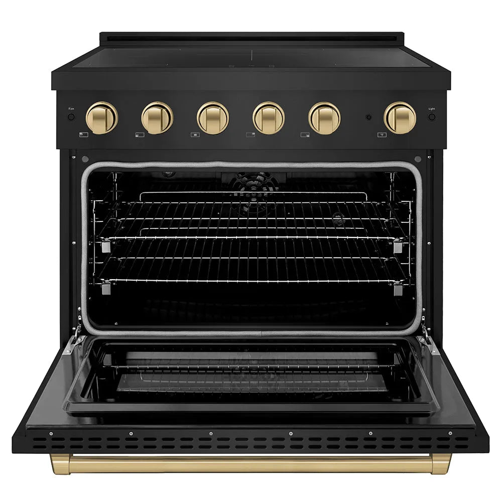 ZLINE Autograph Edition Paramount 36-inch range in black stainless steel and champagne bronze accents SINRBZ-36-CB, front view