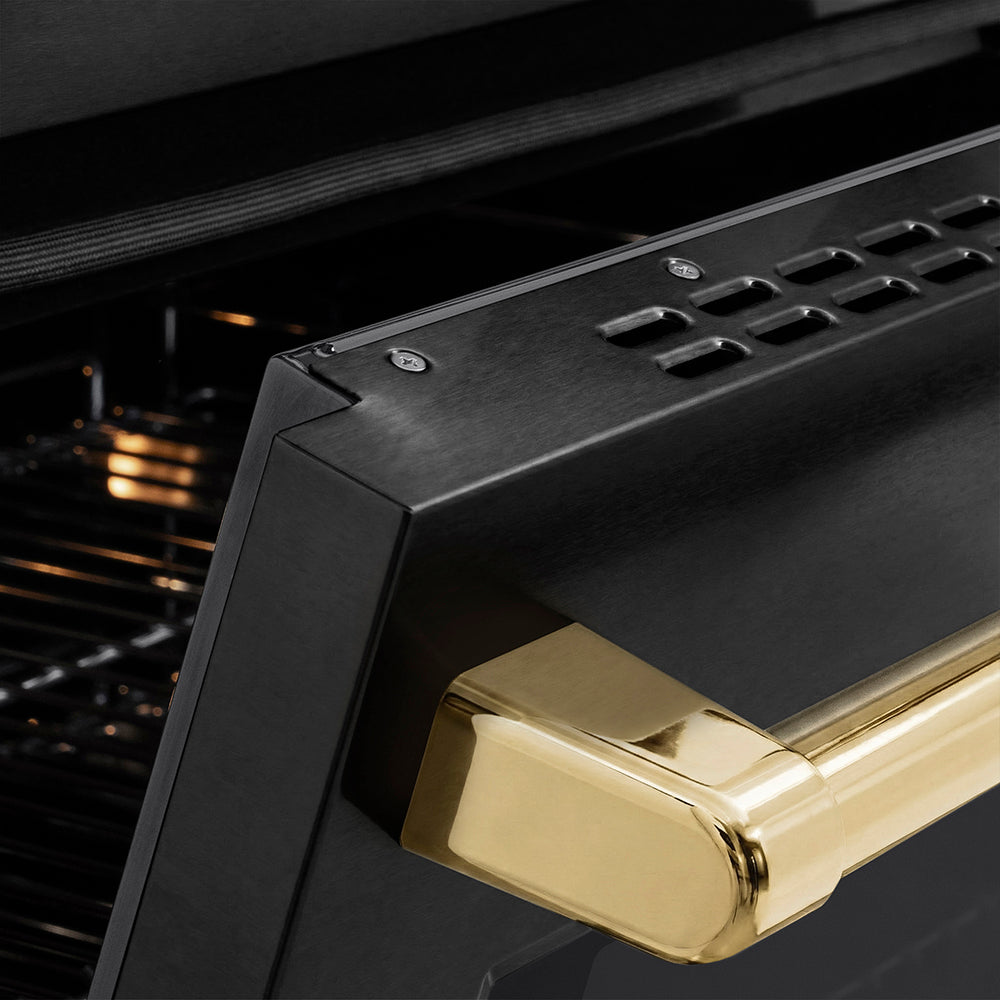 ZLINE Autograph Edition Paramount 36-inch range in black stainless steel and polished gold accents SINRBZ-36-G, detail