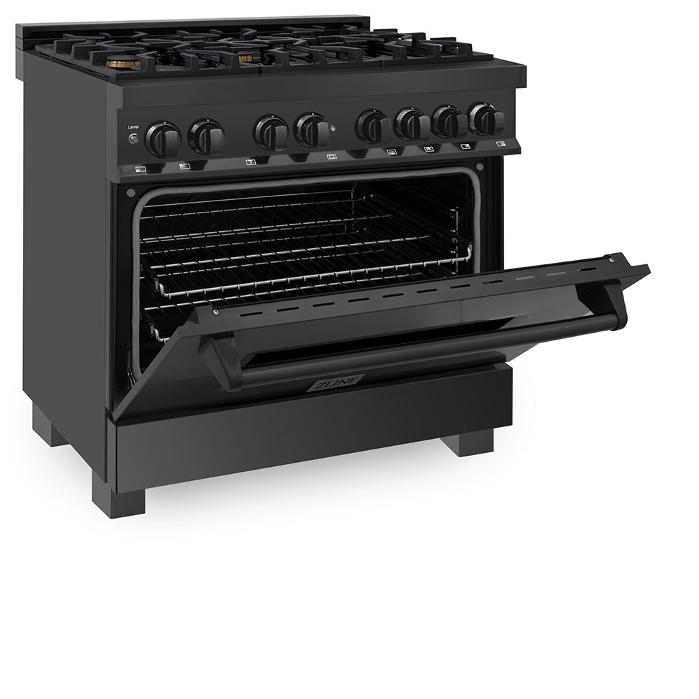 ZLINE Legacy 36-inch range in black stainless steel RAB-BR-36, door open