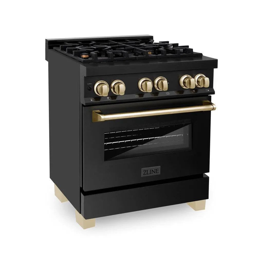 ZLINE Autograph Edition Legacy 30-inch range in black stainless steel and polished gold accents RABZ-30-G