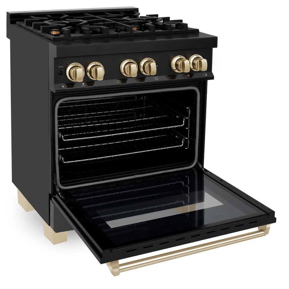 ZLINE Autograph Edition Legacy 30-inch range in black stainless steel and polished gold accents RABZ-30-G, door open