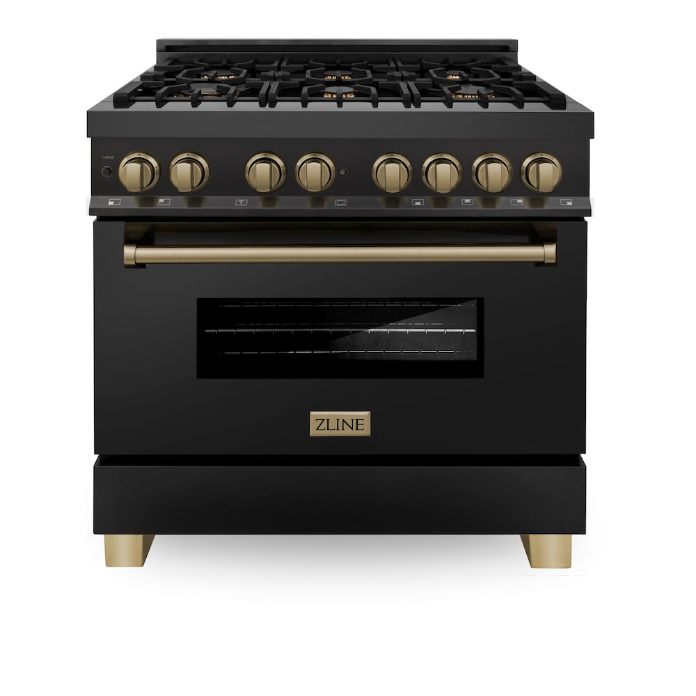 ZLINE Autograph Edition Legacy 36-inch range in black stainless steel and champagne bronze accents RABZ-36-CB, front view