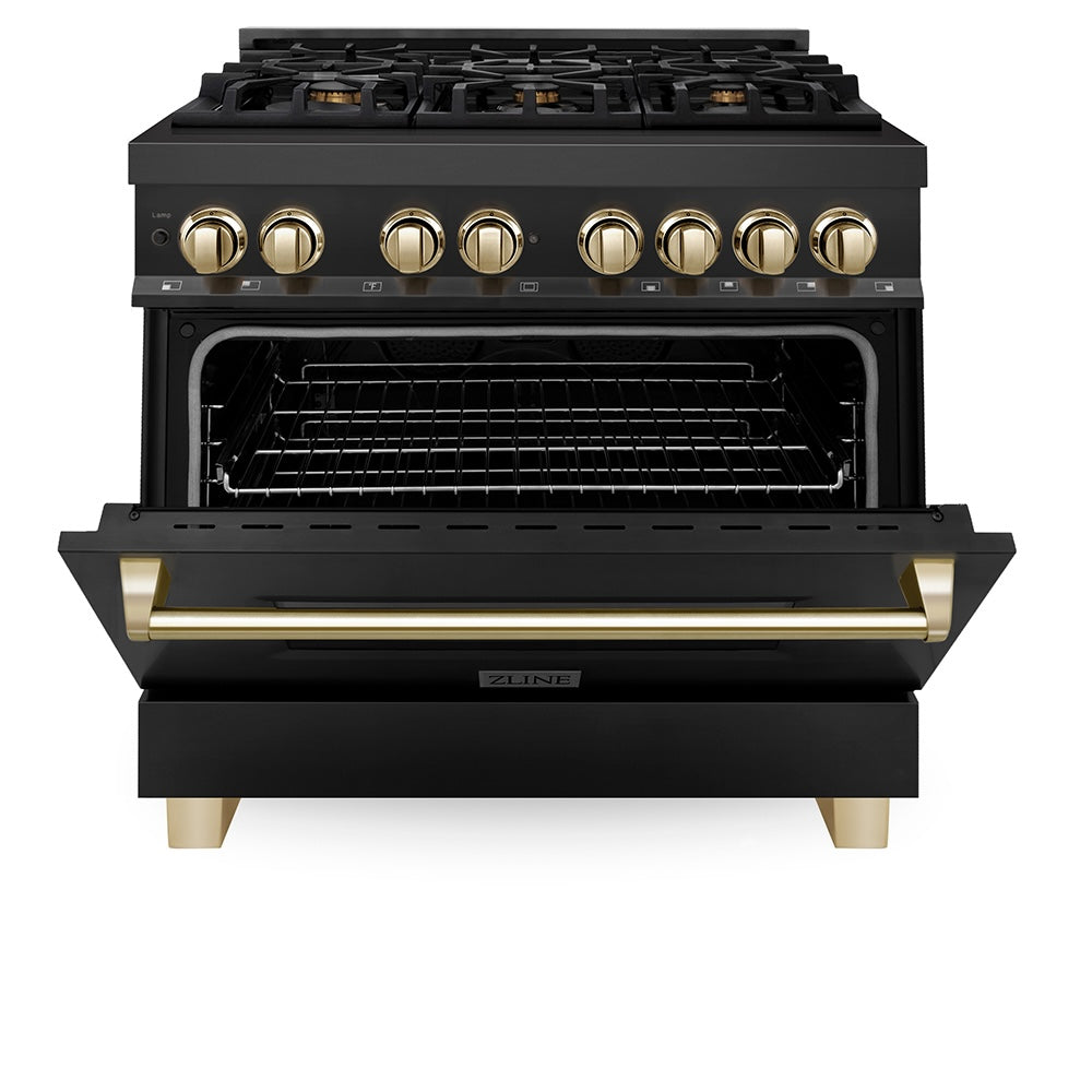 ZLINE Autograph Edition Legacy 36-inch range in black stainless steel and polished gold accents RABZ-36-G, front view