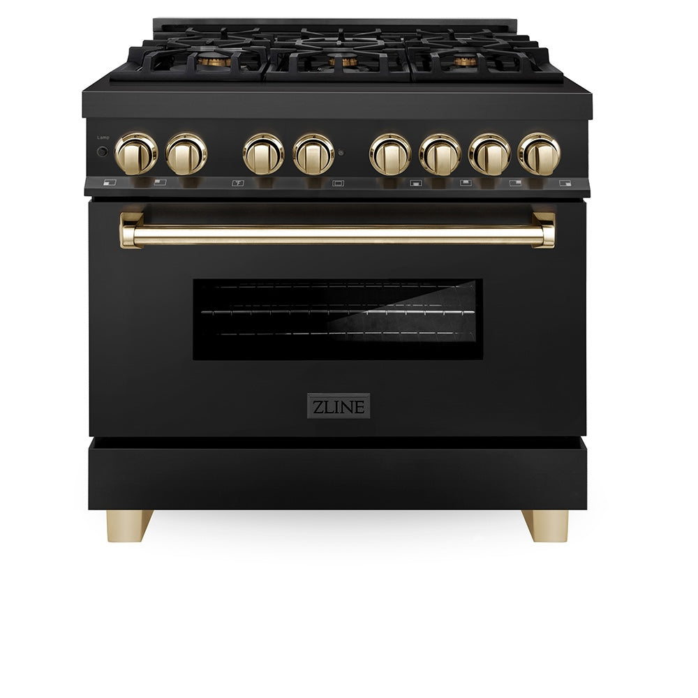 ZLINE Autograph Edition Legacy 36-inch range in black stainless steel and polished gold accents RABZ-36-G, front view