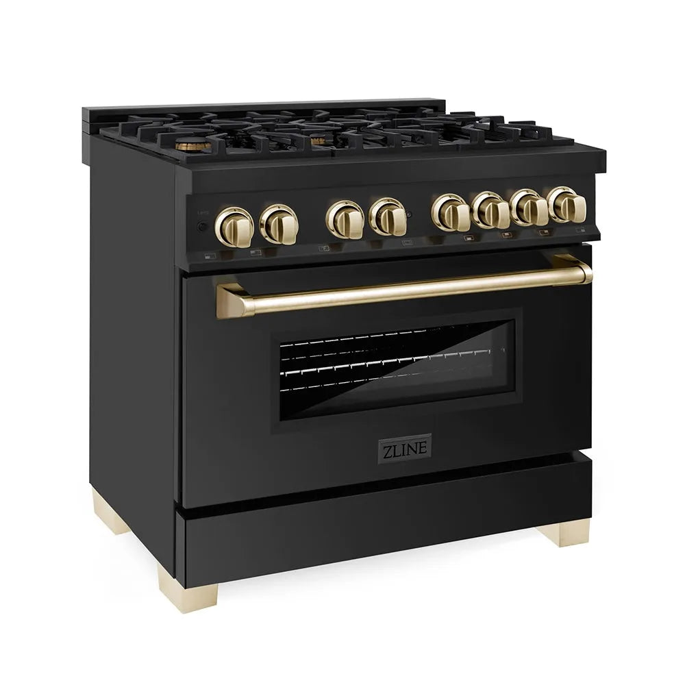 ZLINE Autograph Edition Legacy 36-inch range in black stainless steel and polished gold accents RABZ-36-G