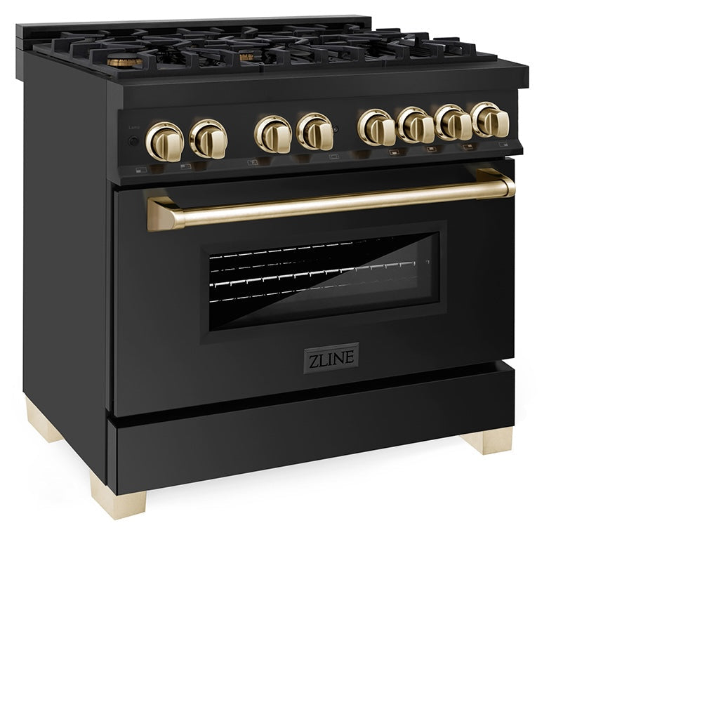 ZLINE Autograph Edition Legacy 36-inch range in black stainless steel and polished gold accents RABZ-36-G, view 6