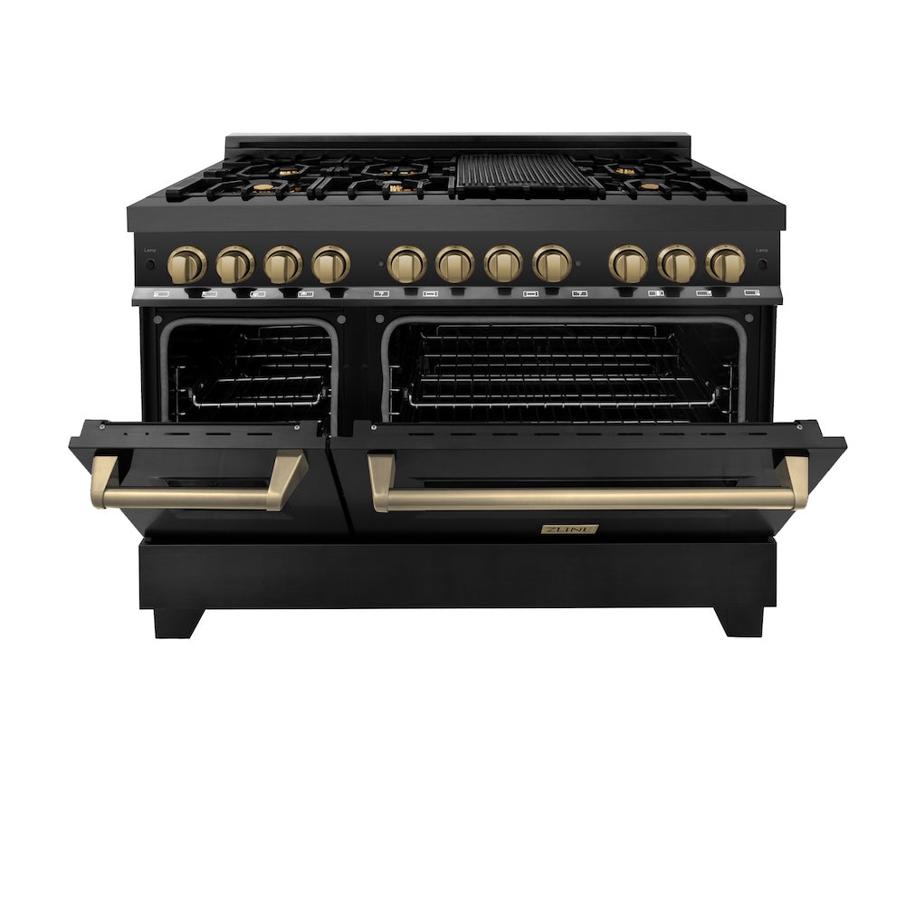 ZLINE Autograph Edition Legacy 48-inch range in black stainless steel and champagne bronze accents RABZ-48-CB, front view