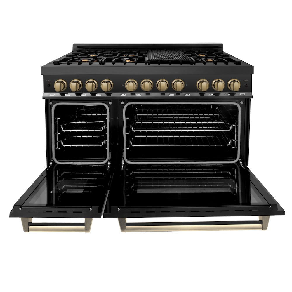 ZLINE Autograph Edition Legacy 48-inch range in black stainless steel and champagne bronze accents RABZ-48-CB, front view