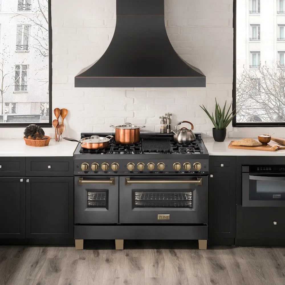 ZLINE Autograph Edition Legacy 48-inch range in black stainless steel and champagne bronze accents RABZ-48-CB, front view