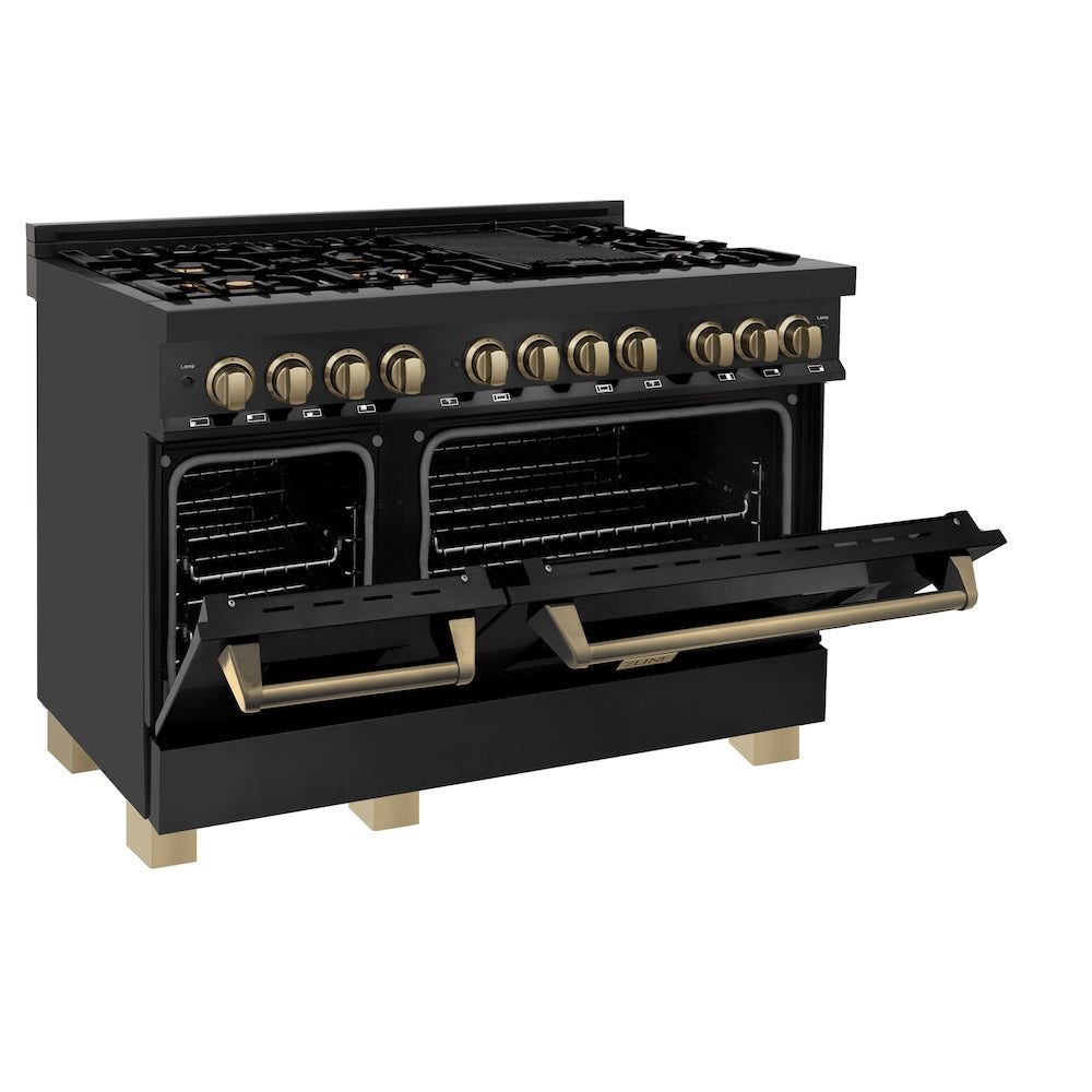 ZLINE Autograph Edition Legacy 48-inch range in black stainless steel and champagne bronze accents RABZ-48-CB, door open