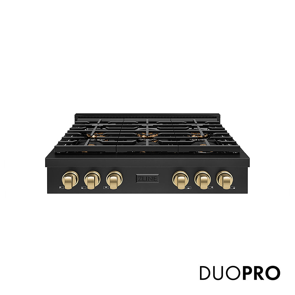 ZLINE Autograph Edition Paramount 36-inch rangetop in black stainless steel and champagne bronze accents PSRTBZ-36-CB